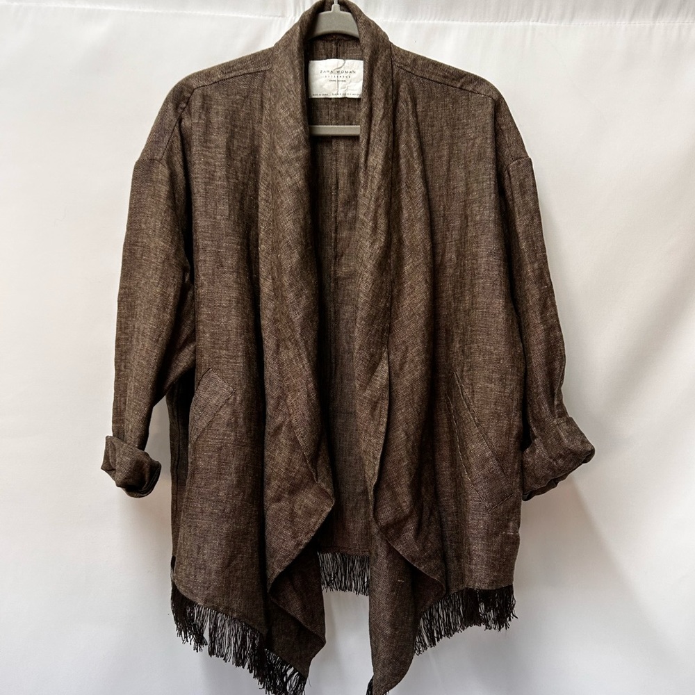 Zara 100% linen fringe pocketed open front kimono cardigan - Picture 2 of 8